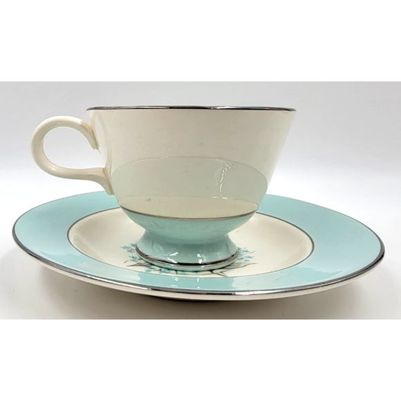 Sevron Powder Blue Lace Tea Coffee Cup Saucer Silver Trim 1950's Set of 2 - Picture 11 of 16